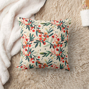 Modern Red Christmas Holly Berries Cushion