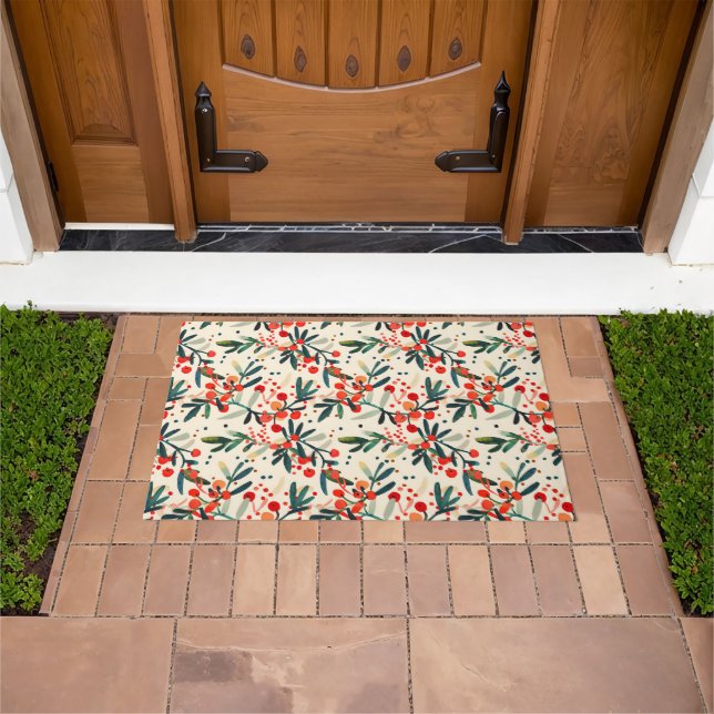 Modern Red Christmas Holly Berries Doormat (Outdoor)