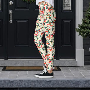 Modern Red Christmas Holly Berries Leggings