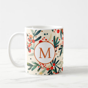 Modern Red Christmas Holly Berries Monogram Coffee Mug