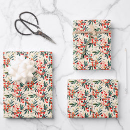Modern Red Christmas Holly Berries Wrapping Paper Sheet