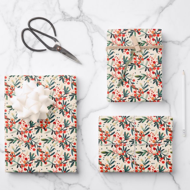 Modern Red Christmas Holly Berries Wrapping Paper Sheet (Front)