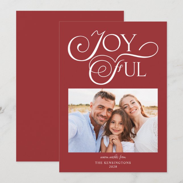 Modern Red Christmas Joyful Holiday Photo Card (Front/Back)