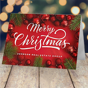 Modern Red Christmas Ornaments and Green Pine Holiday Card