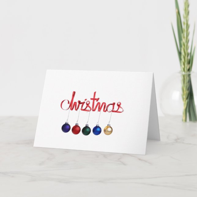 Modern Red Christmas Ribbon Blue Green Gold Balls Holiday Card (Front)