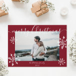 Modern red Christmas script snowflakes photo Holiday Card<br><div class="desc">Modern simple merry Christmas script snowflakes photo on editable red</div>