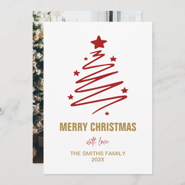 Modern Red Christmas Tree And Personalised Photo  Holiday Card (Front/Back)