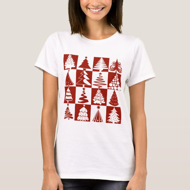 Modern Red Christmas Tree Pattern T-Shirt (Front)