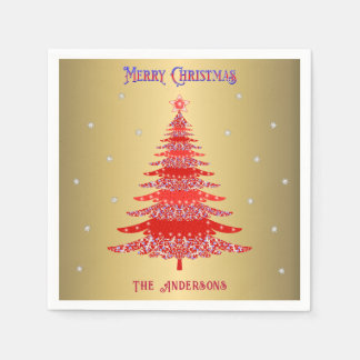 Modern Red Christmas Tree Snowflakes Name Gold Napkin