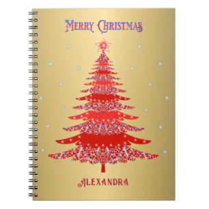 Modern Red Christmas Tree Snowflakes Name Gold Notebook