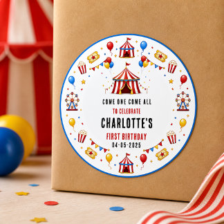 Modern Red Circus Ticket 1st Birthday | Any Gender Classic Round Sticker