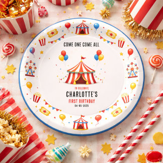 Modern Red Circus Ticket 1st Birthday | Any Gender Paper Plate