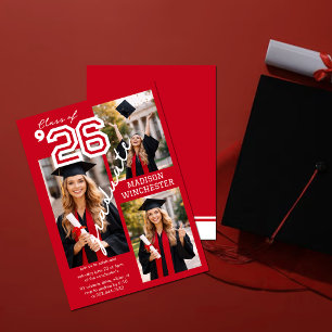 Modern Red Class of 2026 3-Photo Graduation Invite