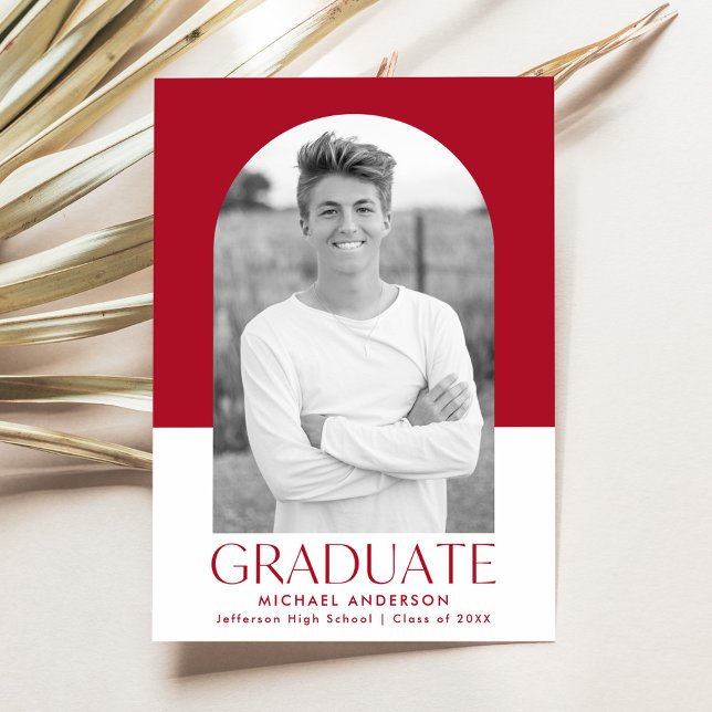 Modern Red Colour Block Arch Photo Graduation Announcement (Creator Uploaded)