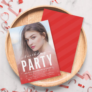 Modern Red Confetti Any Age Photo Birthday Party Invitation