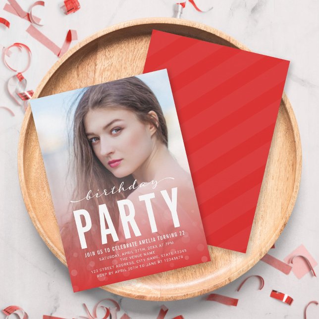 Modern Red Confetti Any Age Photo Birthday Party Invitation (Creator Uploaded)