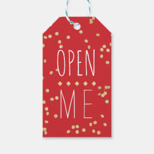 Modern red confetti Open me typography Christmas Gift Tags