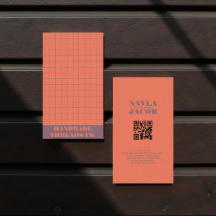Modern Red Coral Chequered Pattern QR Code Business Card