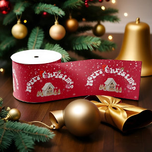 Modern Red Curved Graffiti Merry Christmas Grosgrain Ribbon