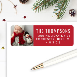 Modern Red Custom Christmas Photo Address Return Address Label