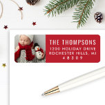 Modern Red Custom Christmas Photo Return Address Return Address Label<br><div class="desc">Holiday address labels feature a favourite Christmas photo with modern white return address and festive cardinal red background. Colours can be completely customised to coordinate with your photo.</div>