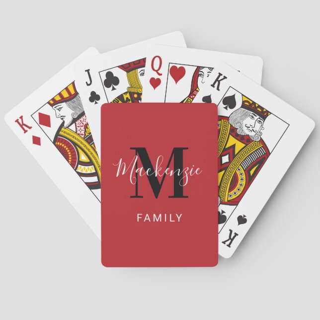 Modern Red Custom Family Monogram Initial Playing Cards (Back)