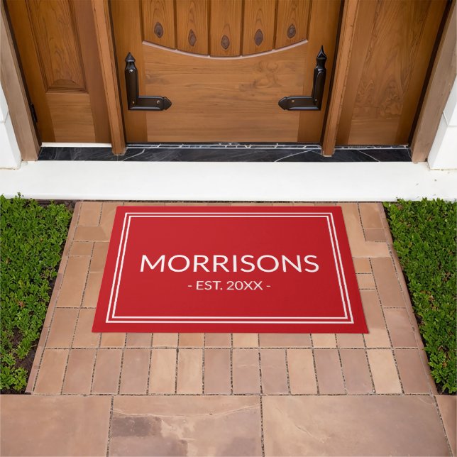 Modern red custom name date double border  doormat (Outdoor)