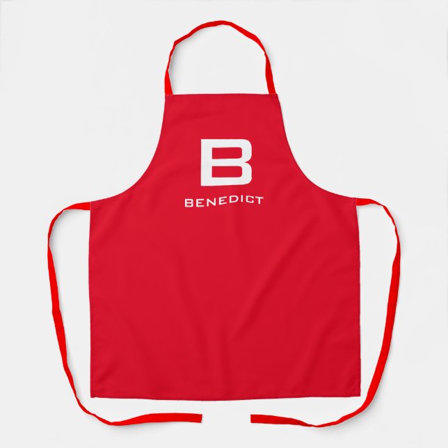 Modern red custom name monogram kitchen and bbq apron (Front)