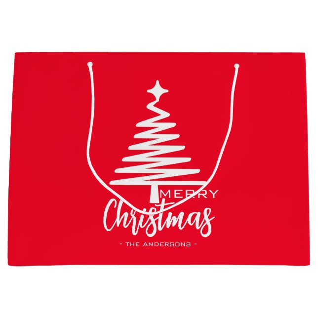 Modern Red Cute Merry Christmas tree Name gift bag (Front)