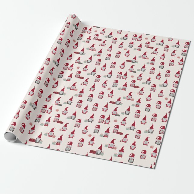 Modern Red Cute Santa Gnome Christmas Wrapping Paper (Unrolled)