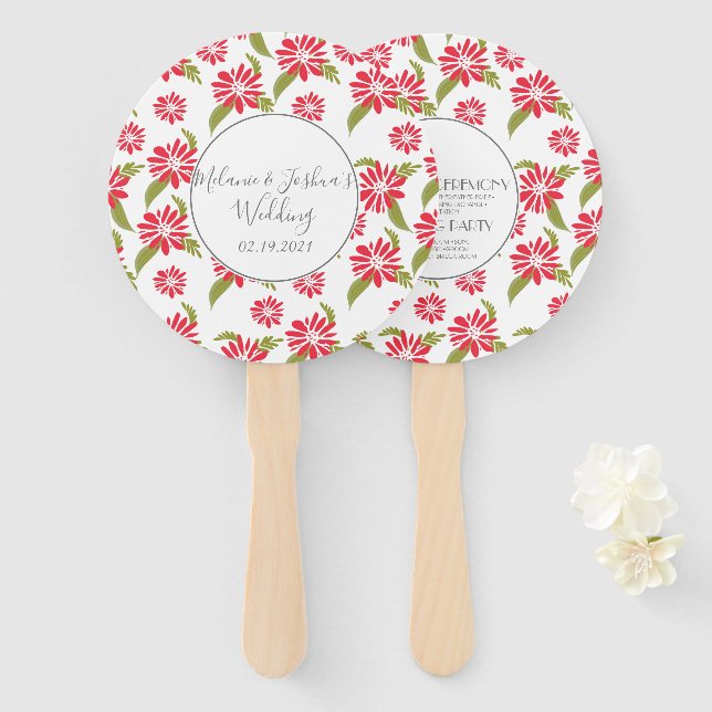 Modern Red Daisy Silo Garden Floral Wedding Round Hand Fan (Front and Back)