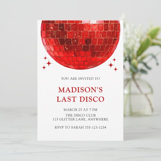 Modern Red Disco Ball Last Disco Bridal Shower Invitation (Standing Front)