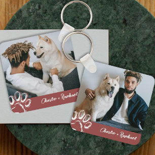 Modern Red Dog Lover Pet Photo Paw Print Key Ring