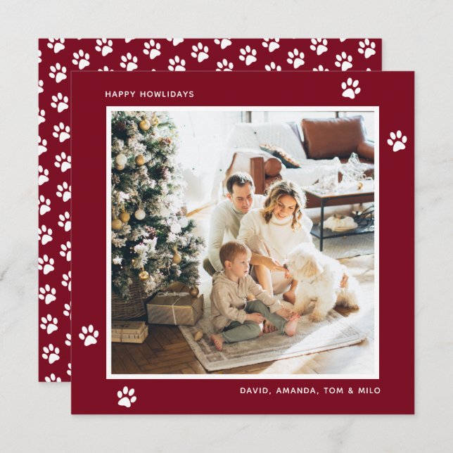 Modern Red Dog Owner Paws Photo Holiday Card (Front/Back)