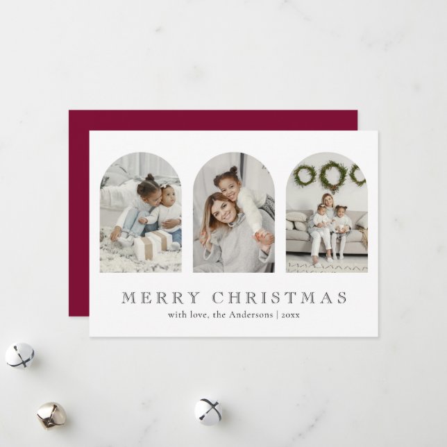 Modern Red Elegant Arch 3 Photo Collage Christmas Holiday Card (Front/Back In Situ)
