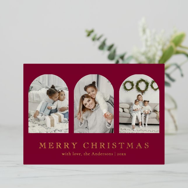 Modern Red Elegant Arch Photo Collage Christmas Foil Holiday Card (Standing Front)