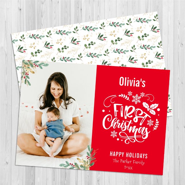 Modern Red Elegant Script Baby First Christmas Holiday Card (Creator Uploaded)