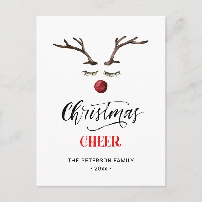 Modern Red Elegant Script Christmas CHEER Reindeer Postcard (Front)