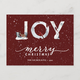 Modern Red Elegant Script JOY Winter Snow Overlay Holiday Postcard