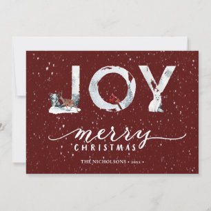 Modern Red Elegant Script JOY Winter Snow Scene Holiday Card