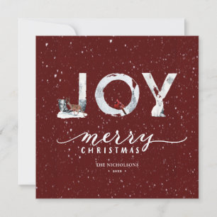 Modern Red Elegant Script JOY Winter Snow Scene Holiday Card