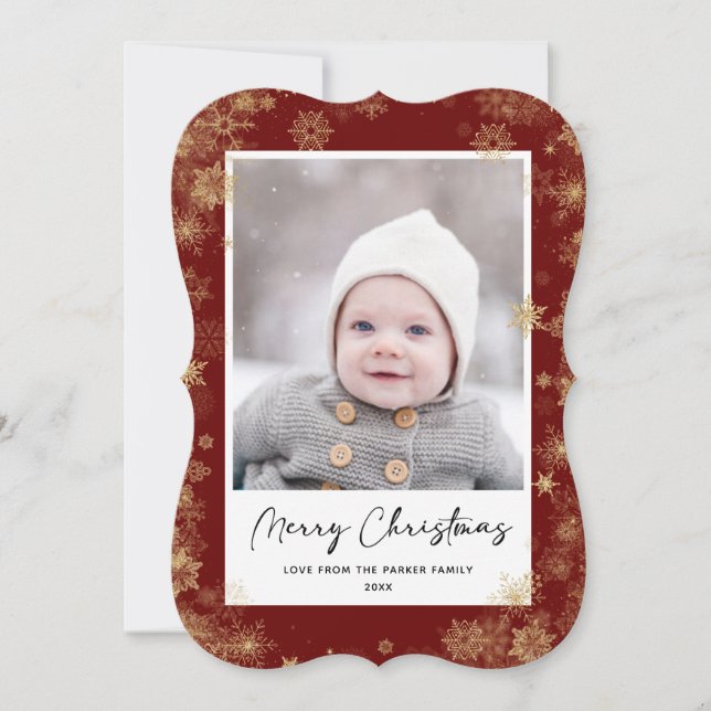 Modern Red Elegant Script Snowflakes Bokeh Overlay Holiday Card (Front)