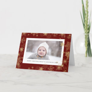 Modern Red Elegant Script Snowflakes Bokeh Overlay Holiday Card