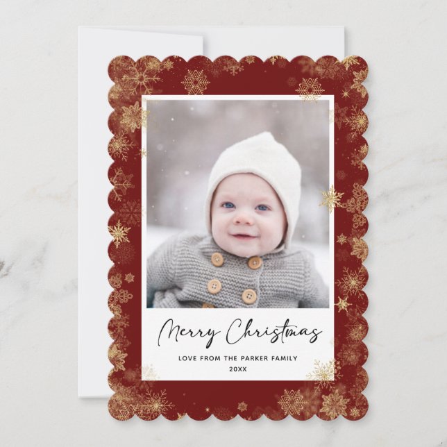 Modern Red Elegant Script Snowflakes Bokeh Overlay Holiday Card (Front)