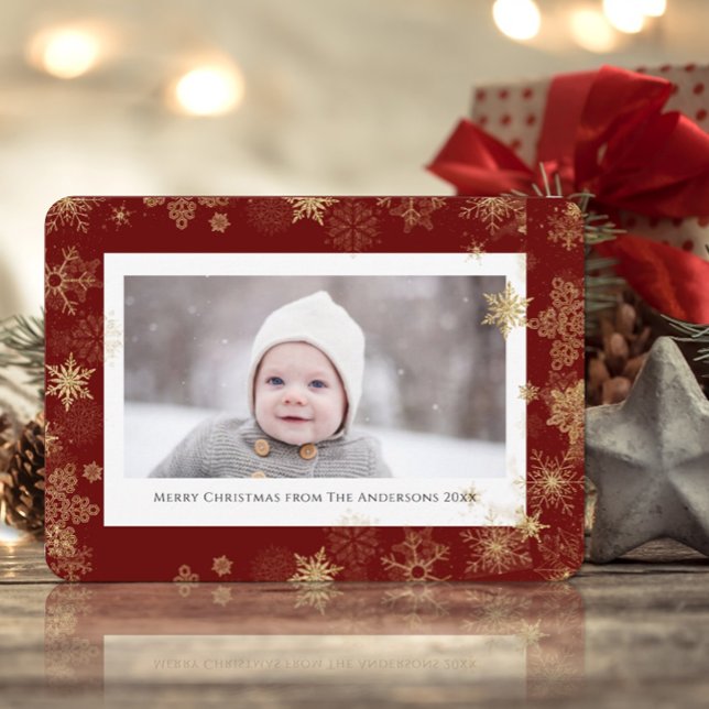 Modern Red Elegant Script Snowflakes Bokeh Overlay Holiday Card (Creator Uploaded)