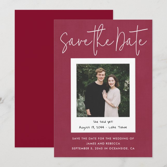 Modern Red Engagement Snapshot Photo Save the Date Invitation (Front/Back)