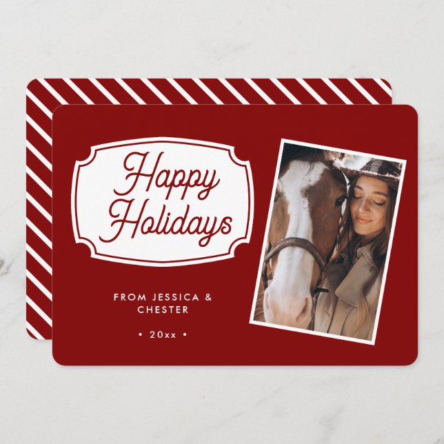 Modern Red Equestrian Horse Photo Christmas Card (Front/Back)