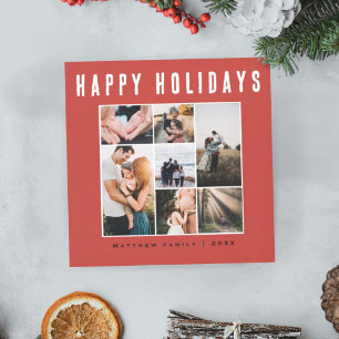 Modern Red Family Photo Collage Happy Holidays Holiday Card