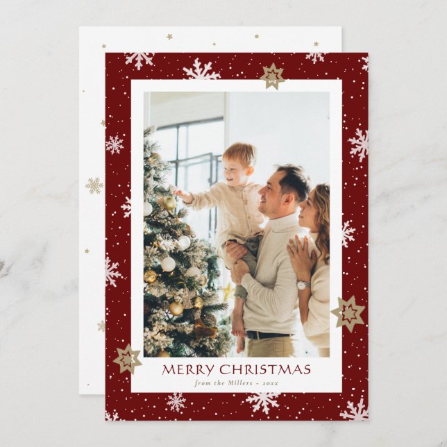 Modern Red Family Photo Merry Christmas Cards (Front/Back)