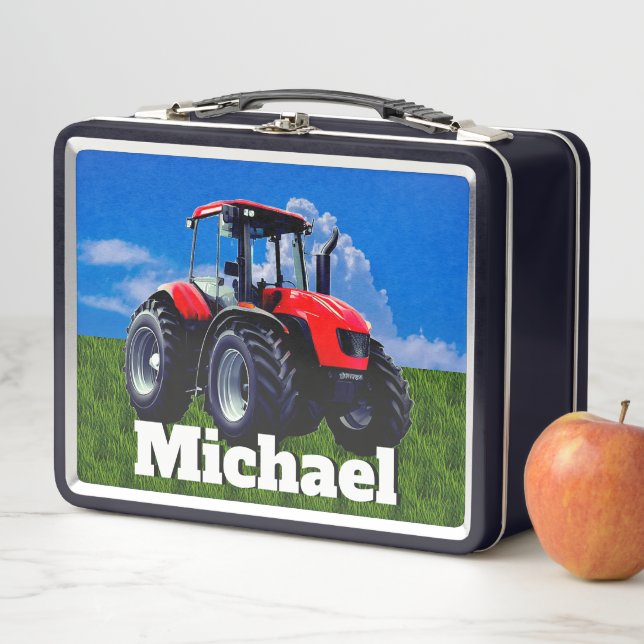 Modern Red Farm Tractor Metal Lunch Box (In Situ)